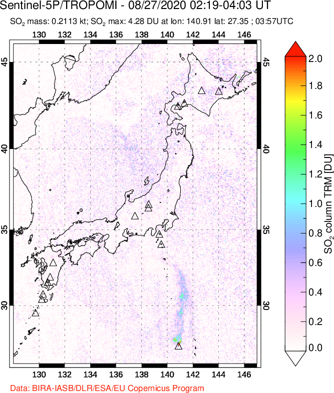A sulfur dioxide image over Japan on Aug 27, 2020.