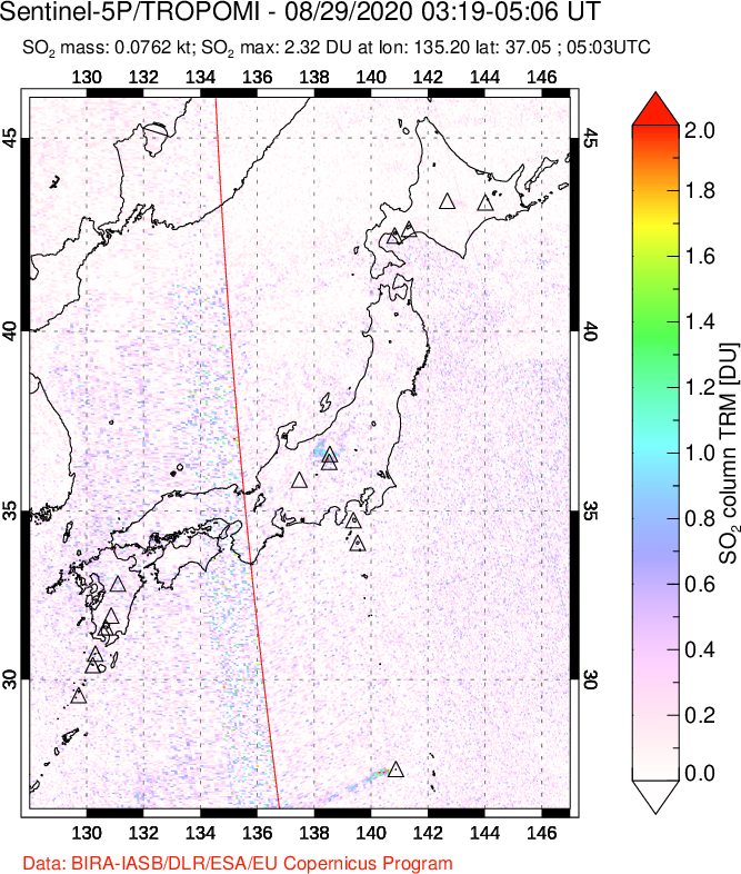 A sulfur dioxide image over Japan on Aug 29, 2020.