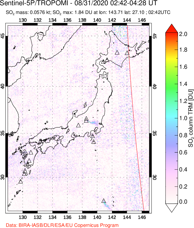 A sulfur dioxide image over Japan on Aug 31, 2020.