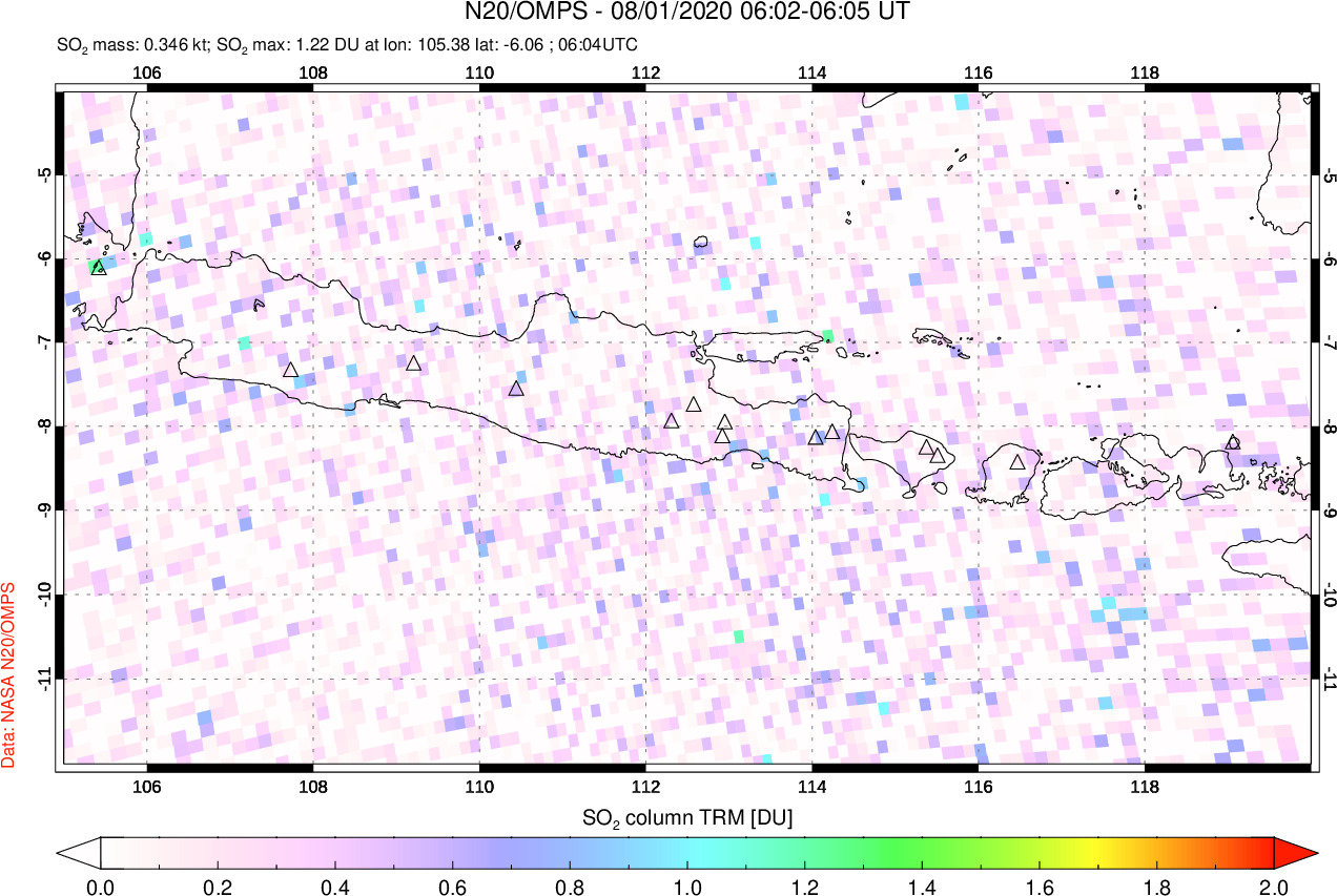 A sulfur dioxide image over Java, Indonesia on Aug 01, 2020.