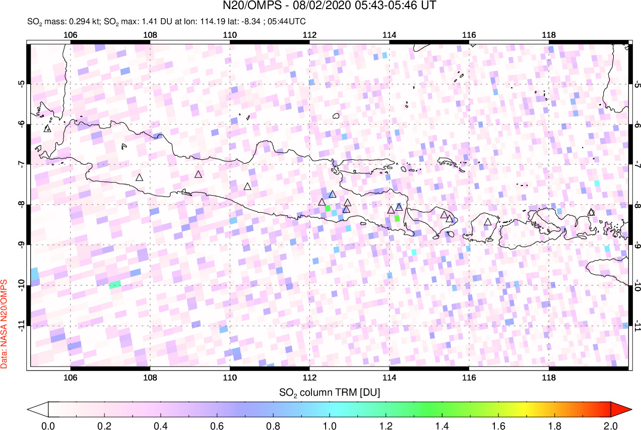 A sulfur dioxide image over Java, Indonesia on Aug 02, 2020.