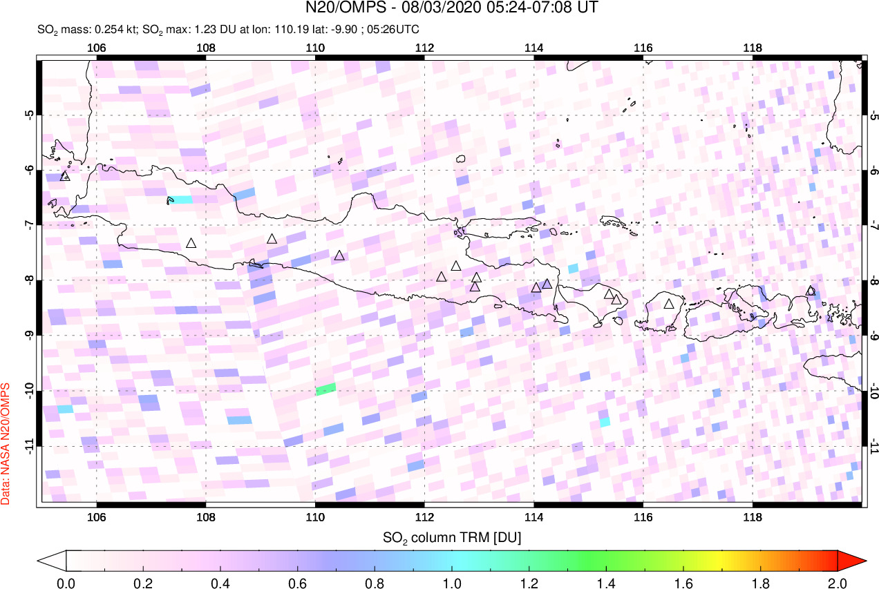 A sulfur dioxide image over Java, Indonesia on Aug 03, 2020.