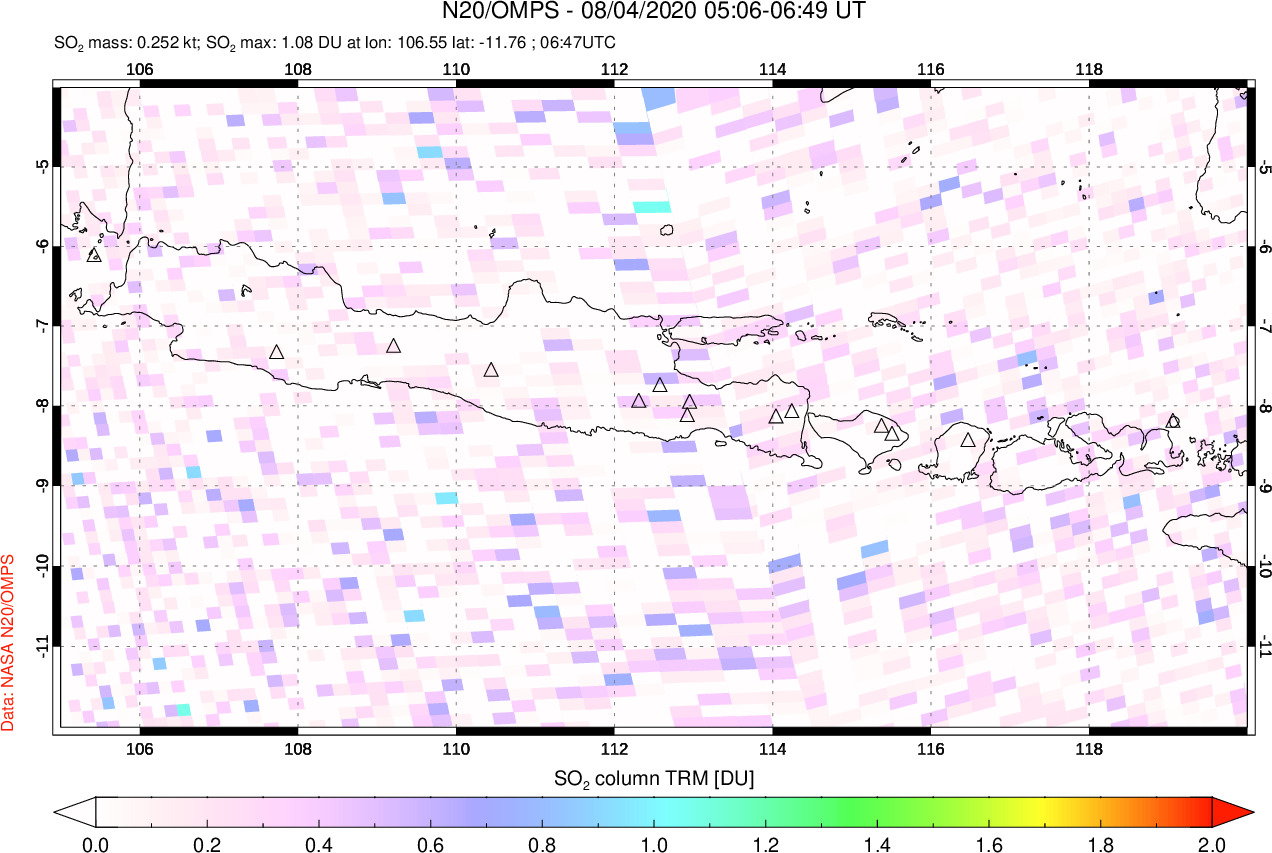 A sulfur dioxide image over Java, Indonesia on Aug 04, 2020.