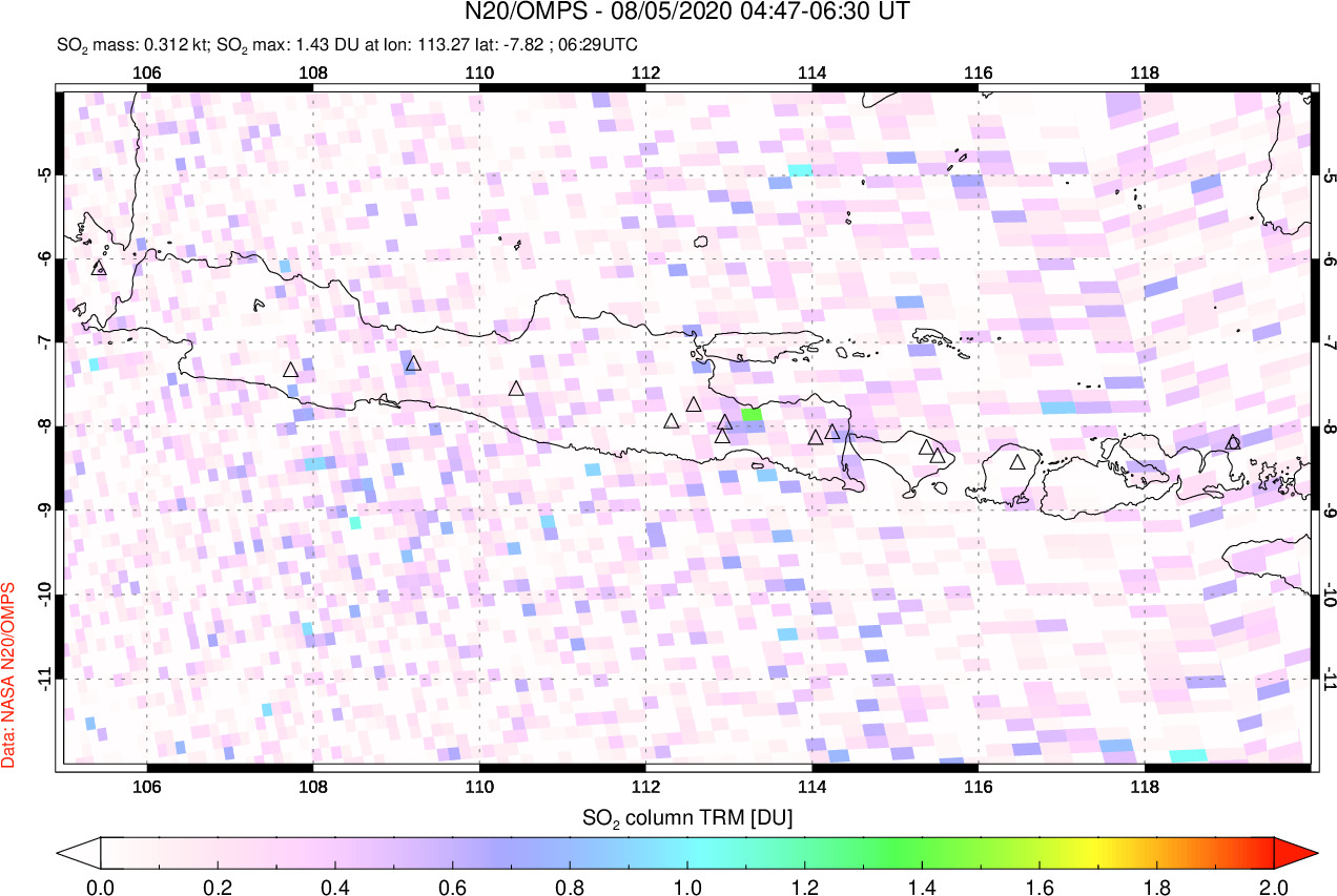 A sulfur dioxide image over Java, Indonesia on Aug 05, 2020.