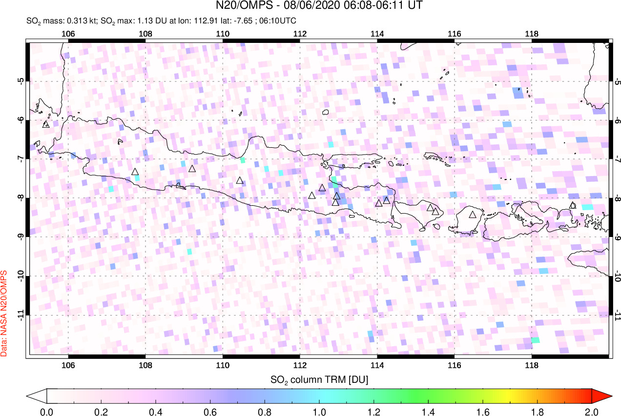 A sulfur dioxide image over Java, Indonesia on Aug 06, 2020.