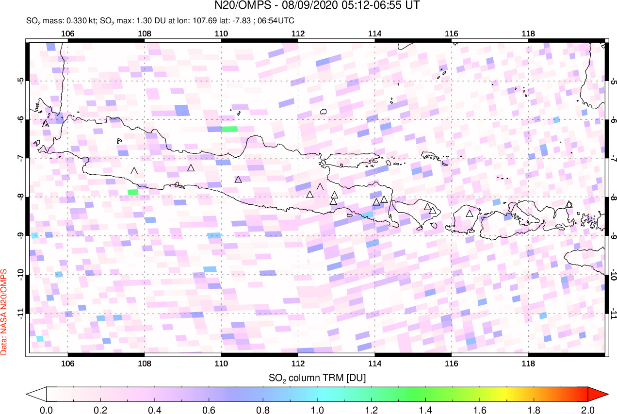 A sulfur dioxide image over Java, Indonesia on Aug 09, 2020.