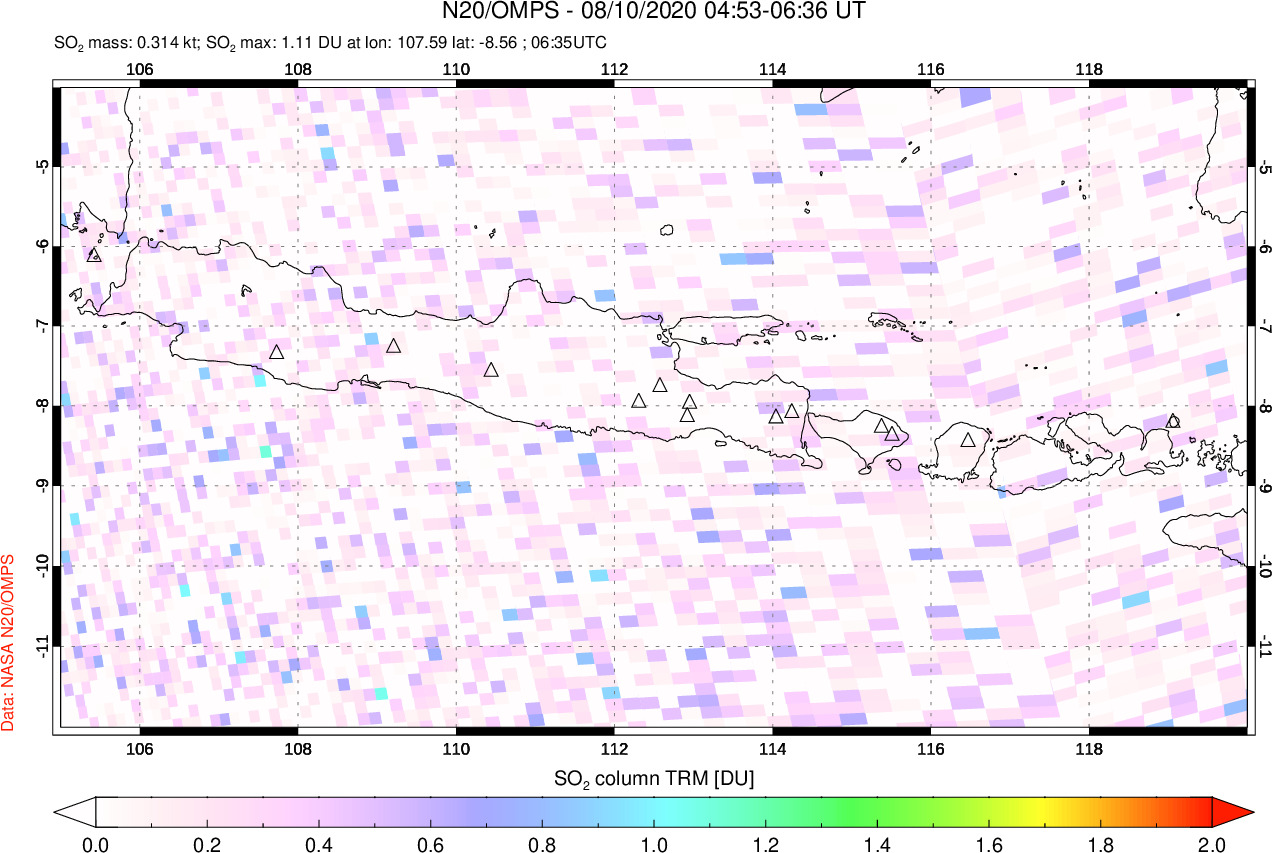 A sulfur dioxide image over Java, Indonesia on Aug 10, 2020.