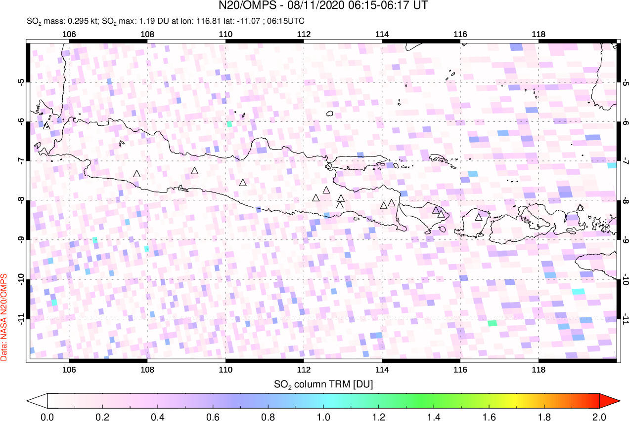 A sulfur dioxide image over Java, Indonesia on Aug 11, 2020.