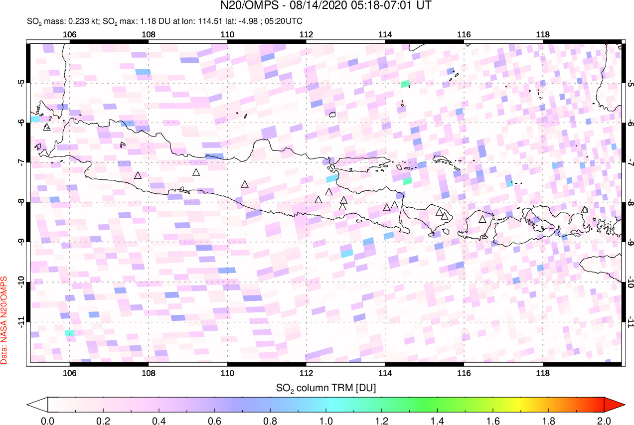 A sulfur dioxide image over Java, Indonesia on Aug 14, 2020.