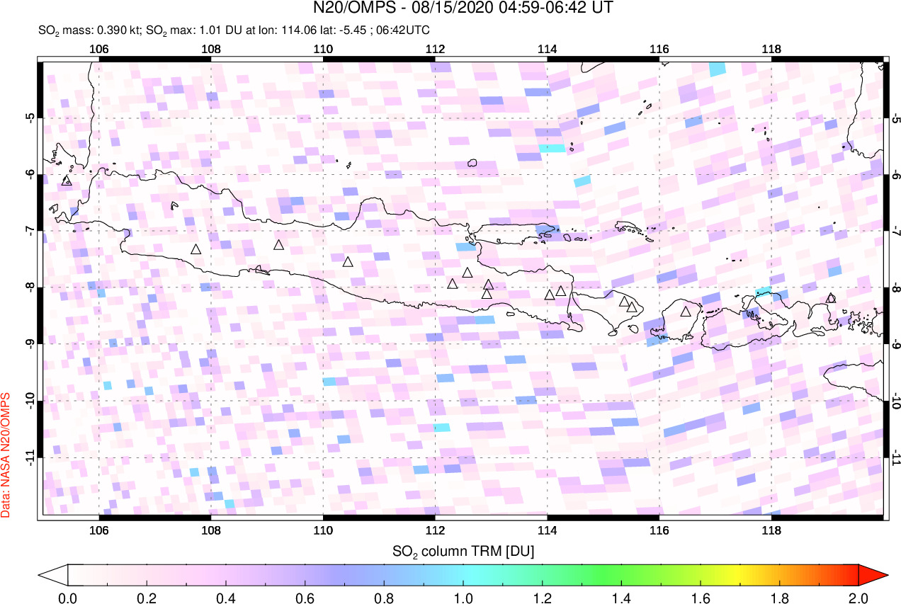A sulfur dioxide image over Java, Indonesia on Aug 15, 2020.