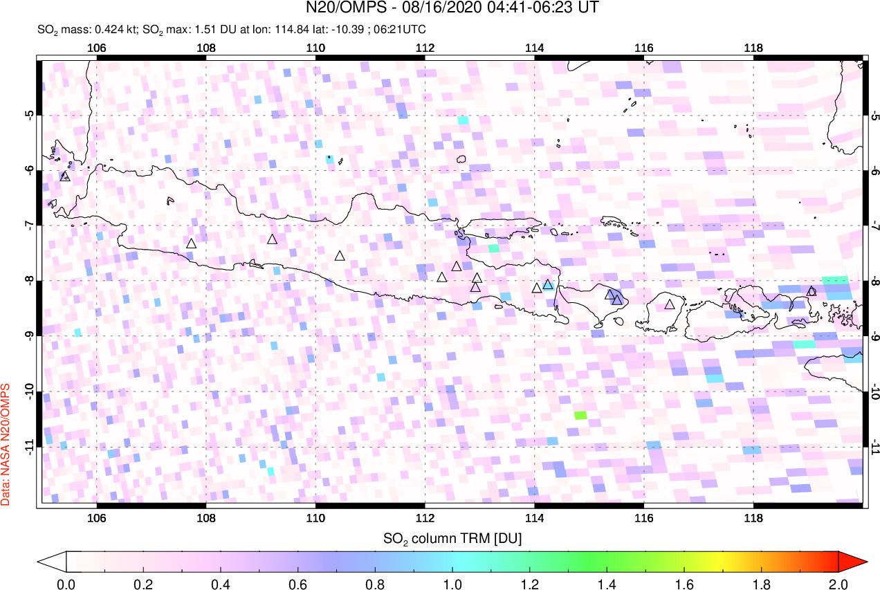 A sulfur dioxide image over Java, Indonesia on Aug 16, 2020.