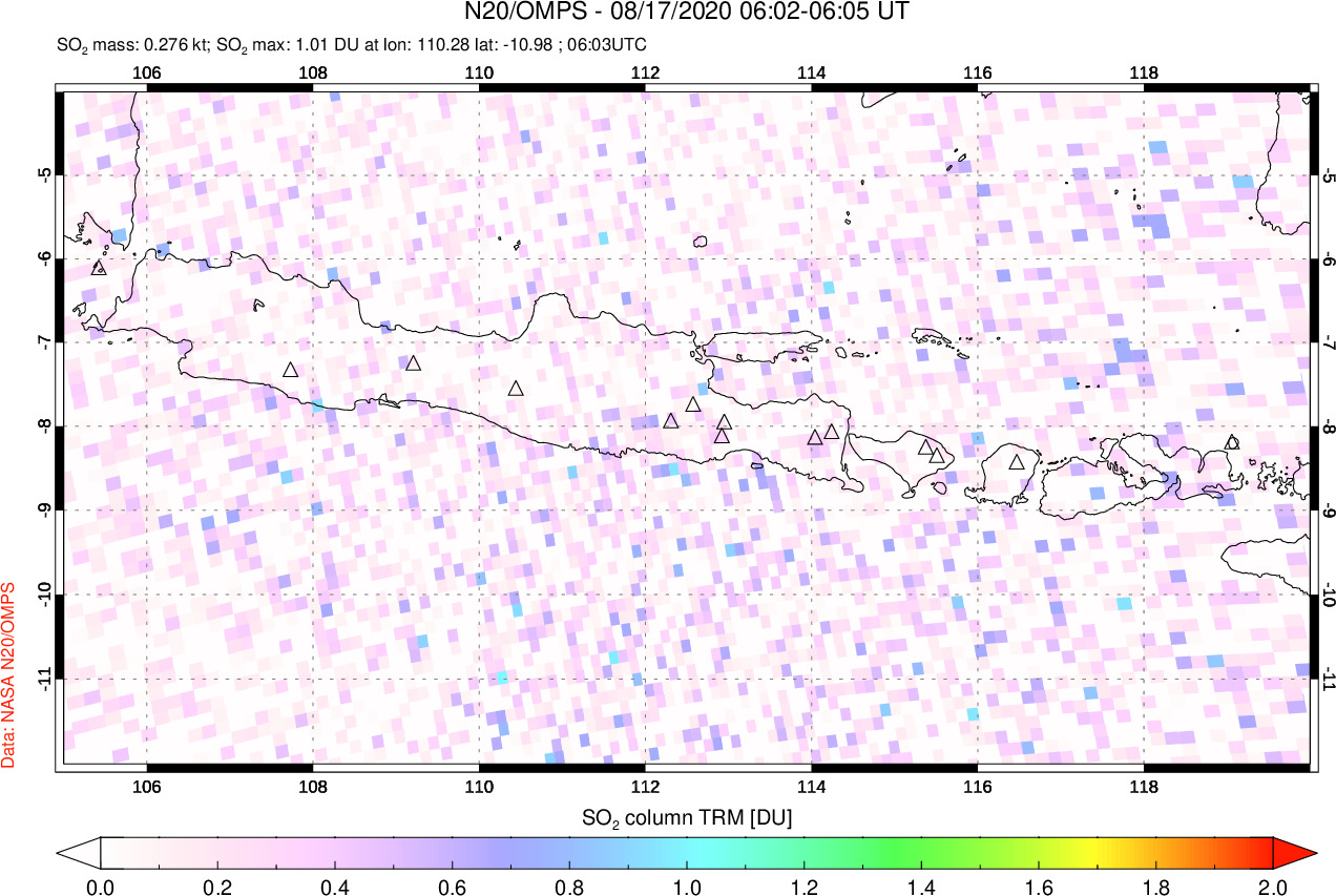 A sulfur dioxide image over Java, Indonesia on Aug 17, 2020.