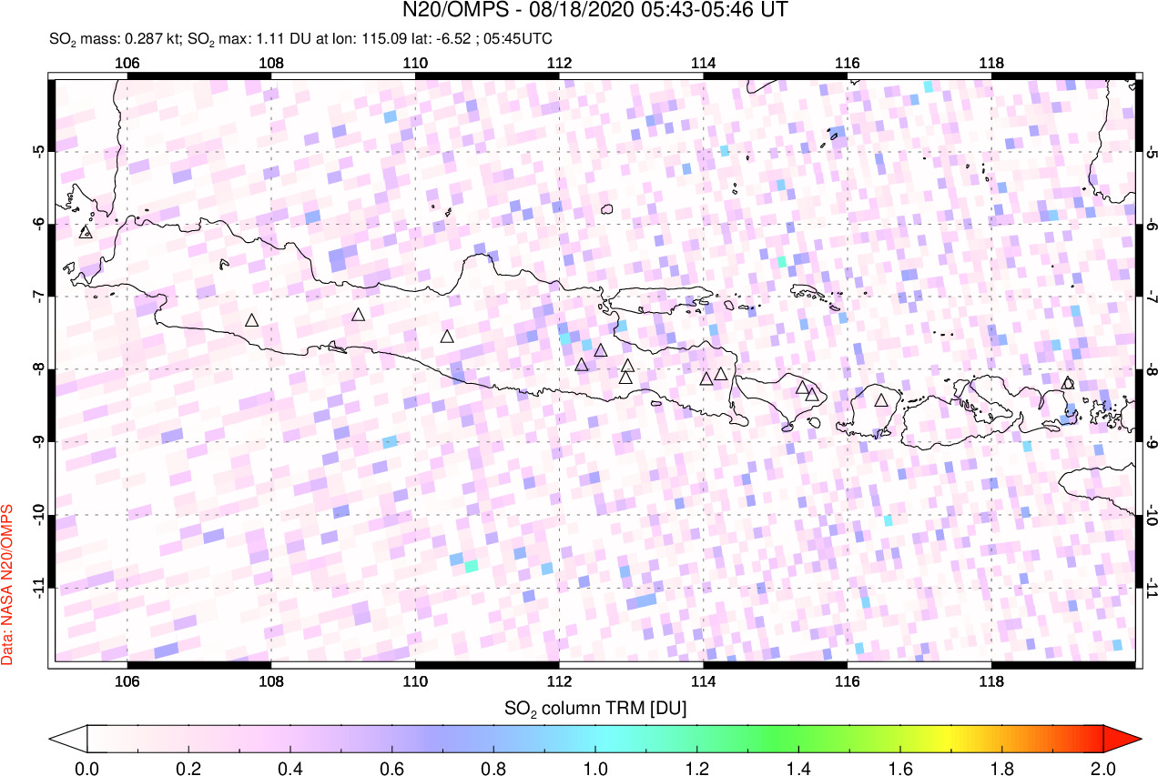 A sulfur dioxide image over Java, Indonesia on Aug 18, 2020.