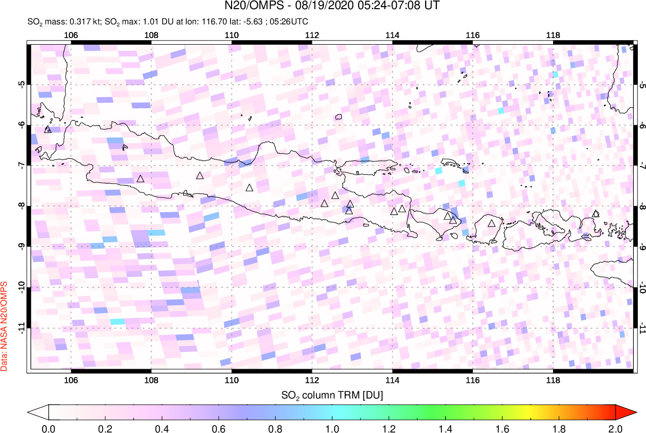 A sulfur dioxide image over Java, Indonesia on Aug 19, 2020.