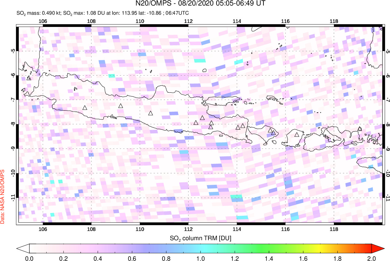 A sulfur dioxide image over Java, Indonesia on Aug 20, 2020.