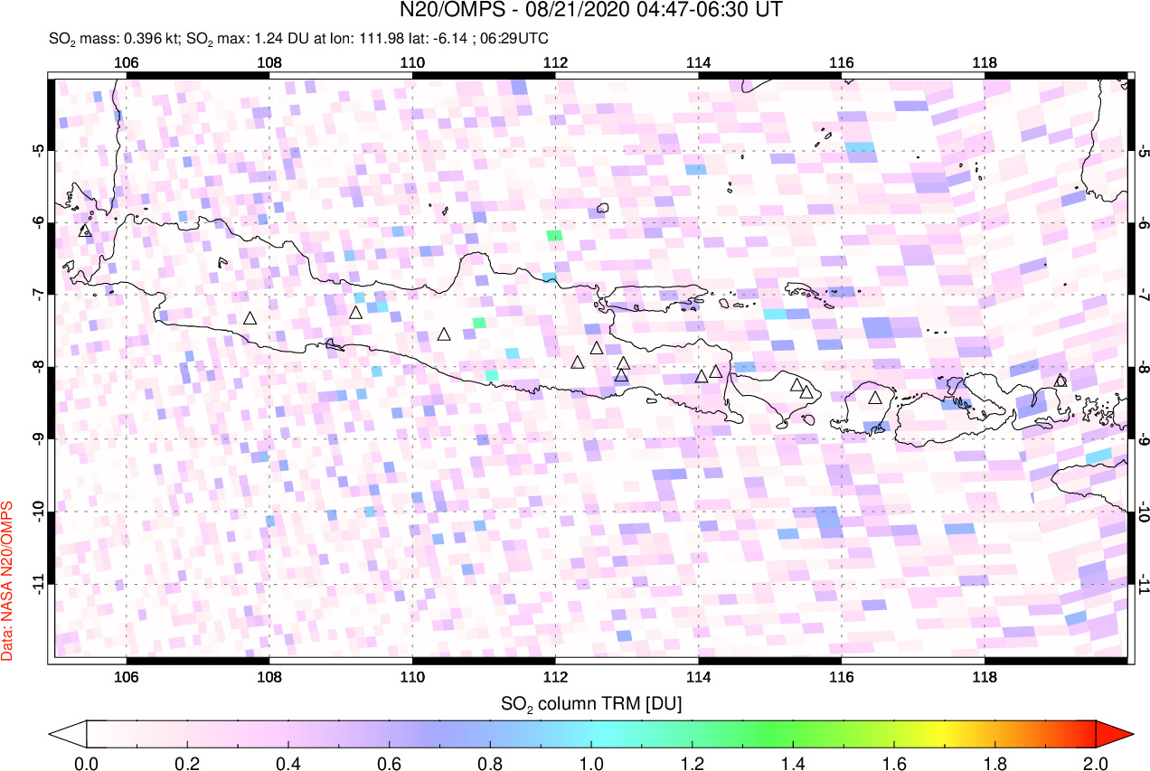 A sulfur dioxide image over Java, Indonesia on Aug 21, 2020.