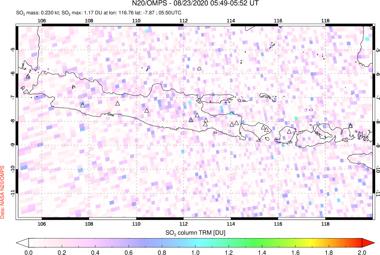 A sulfur dioxide image over Java, Indonesia on Aug 23, 2020.