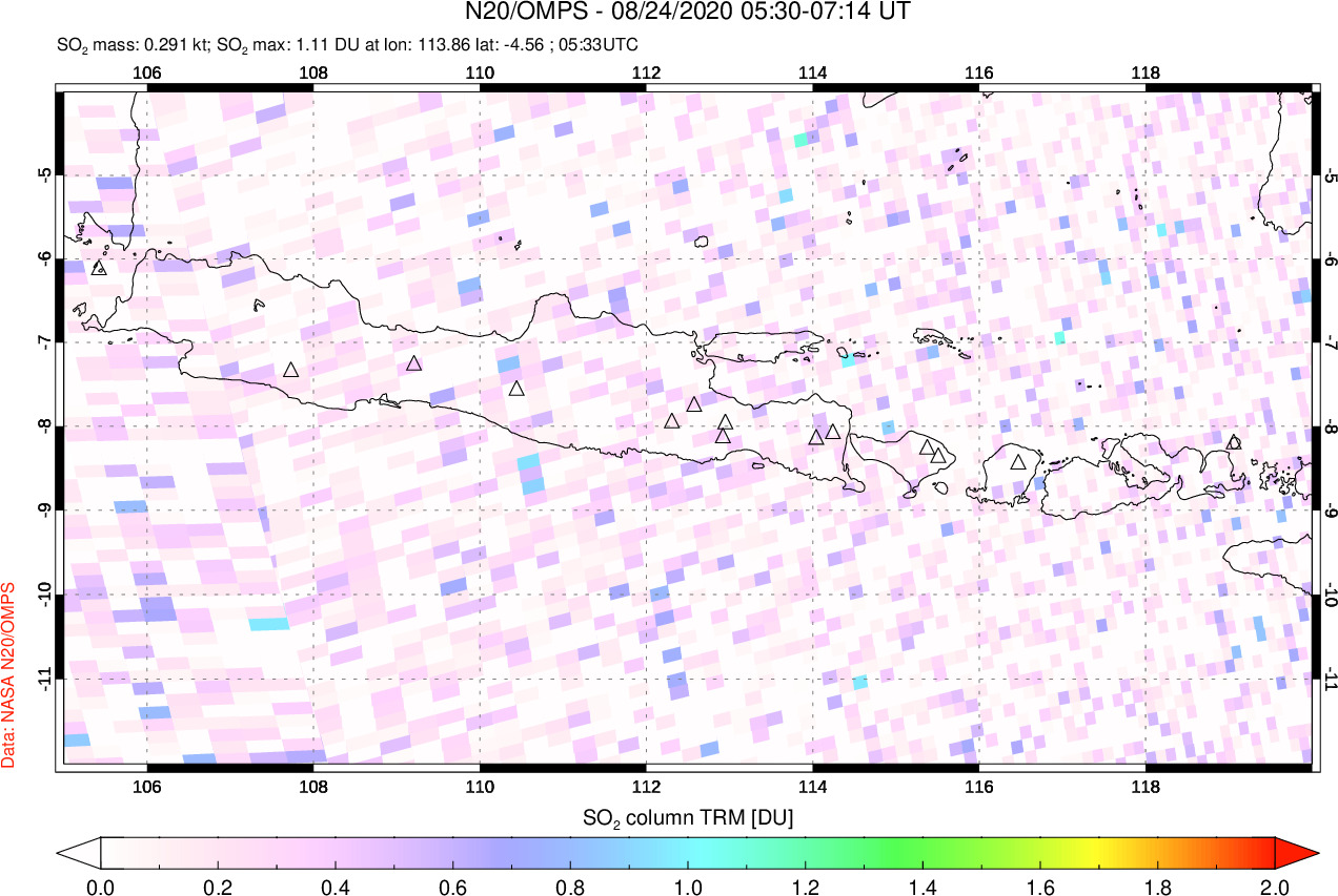 A sulfur dioxide image over Java, Indonesia on Aug 24, 2020.