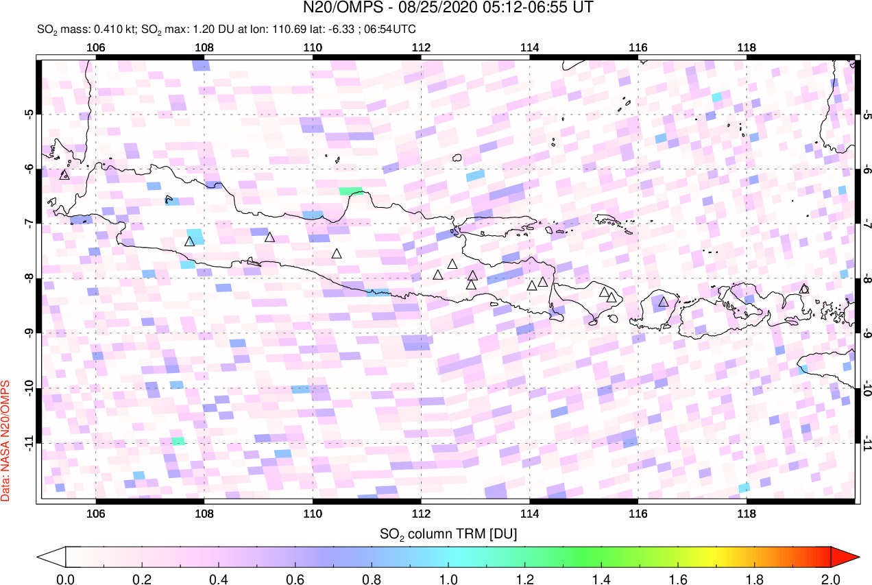 A sulfur dioxide image over Java, Indonesia on Aug 25, 2020.