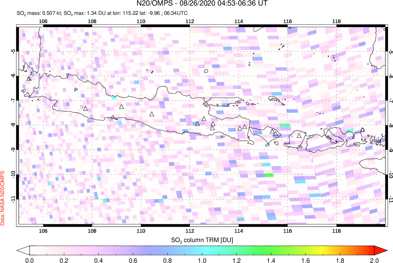 A sulfur dioxide image over Java, Indonesia on Aug 26, 2020.