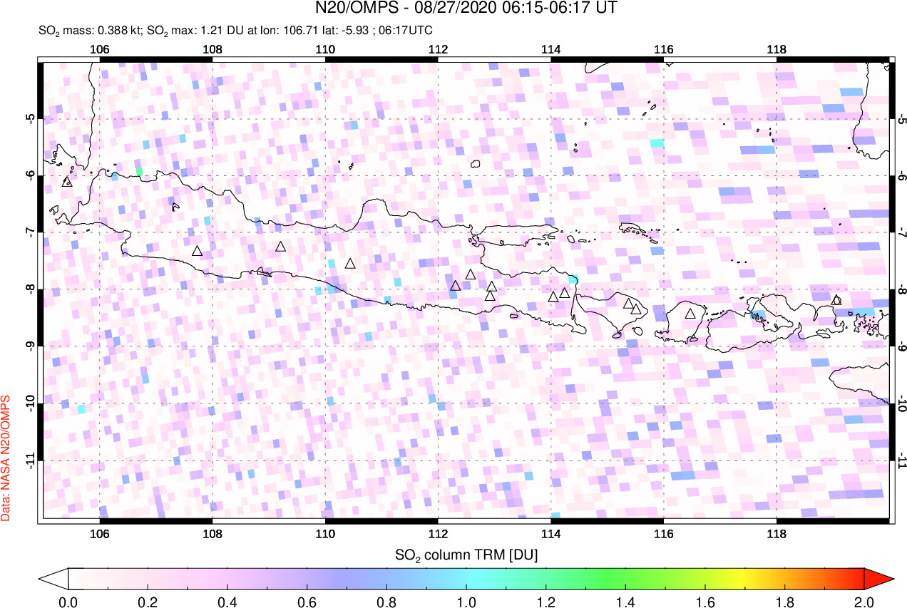 A sulfur dioxide image over Java, Indonesia on Aug 27, 2020.
