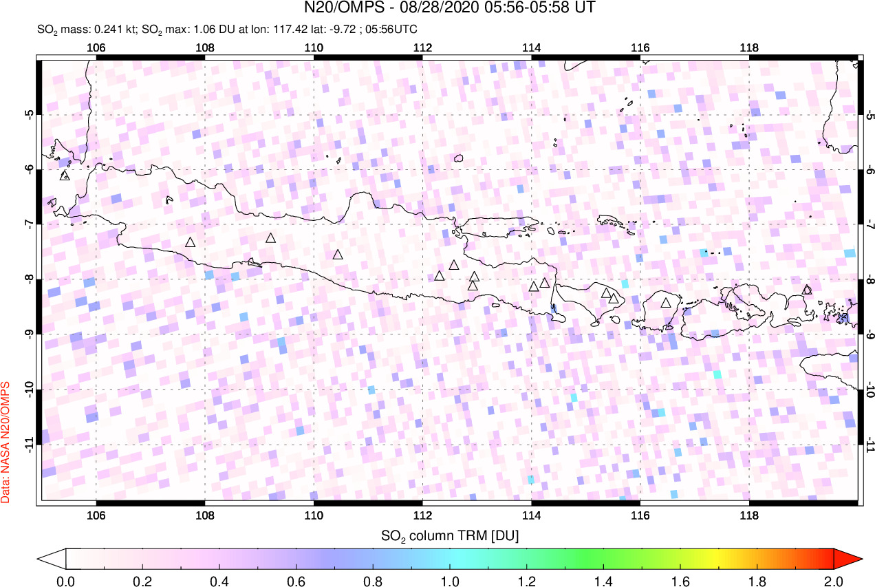 A sulfur dioxide image over Java, Indonesia on Aug 28, 2020.