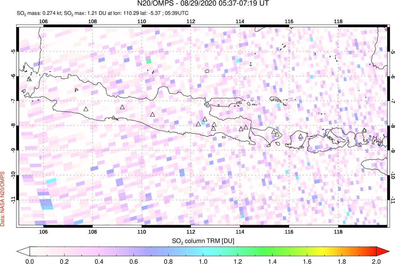A sulfur dioxide image over Java, Indonesia on Aug 29, 2020.