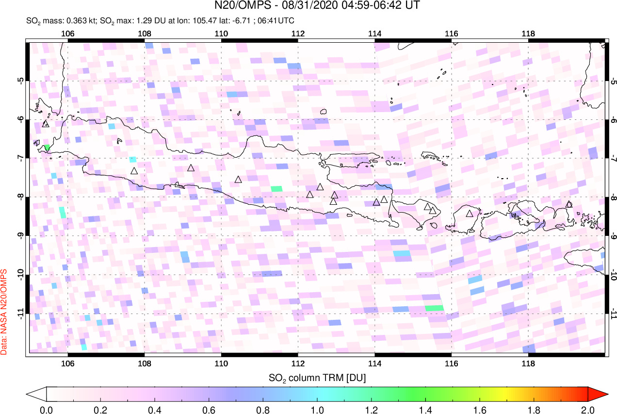 A sulfur dioxide image over Java, Indonesia on Aug 31, 2020.