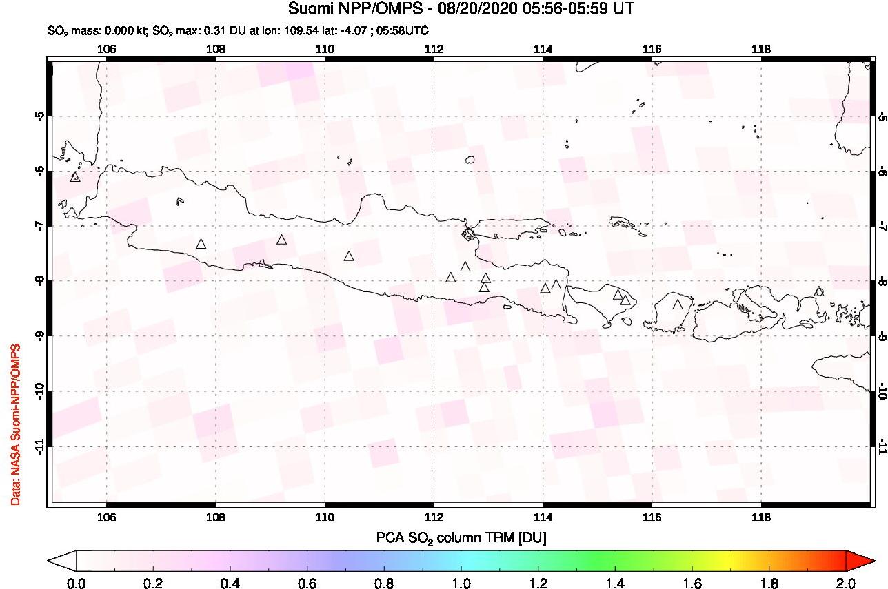 A sulfur dioxide image over Java, Indonesia on Aug 20, 2020.