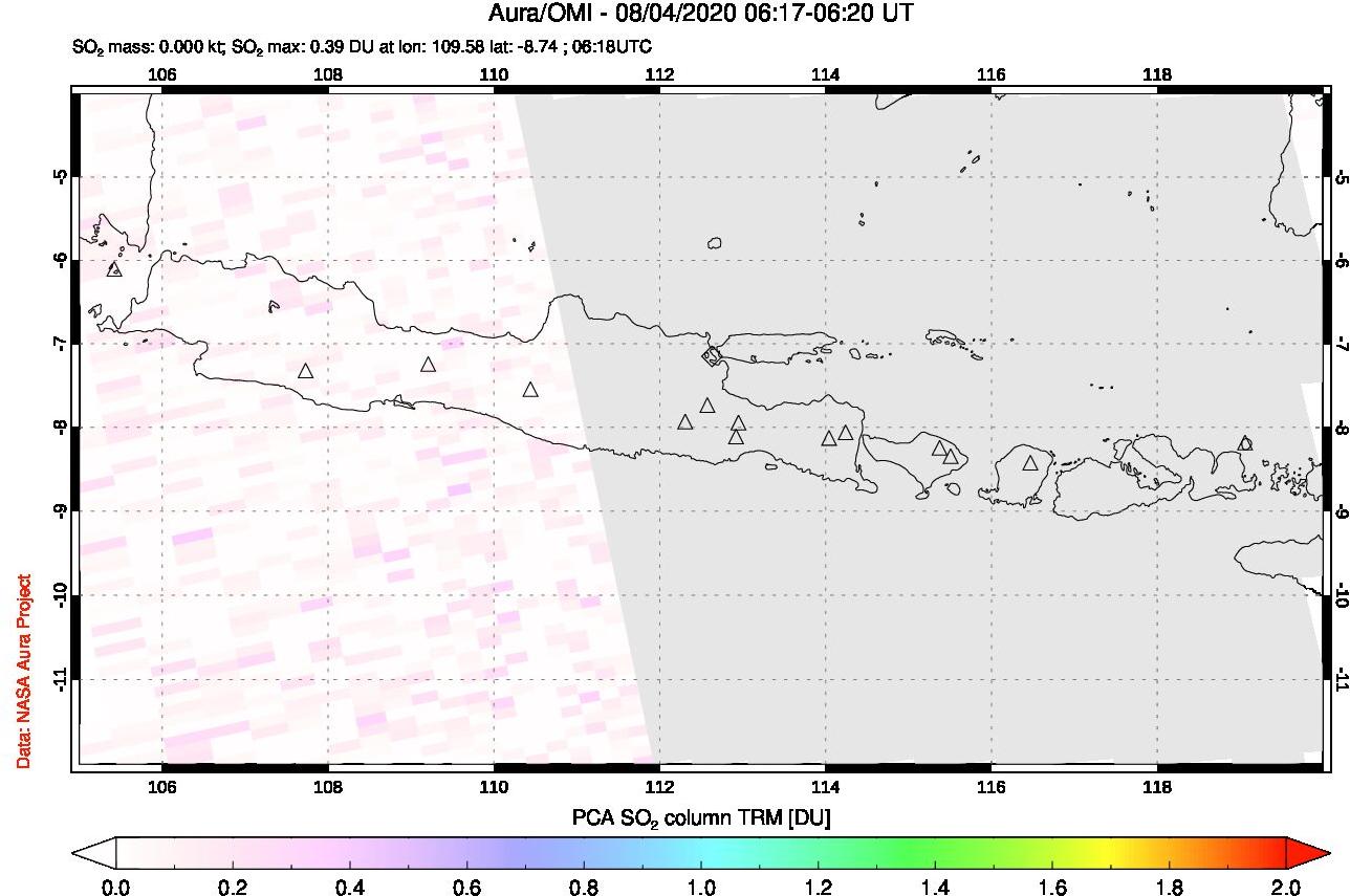 A sulfur dioxide image over Java, Indonesia on Aug 04, 2020.