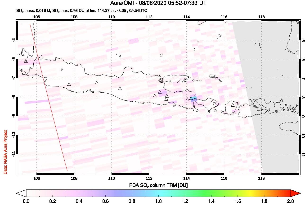 A sulfur dioxide image over Java, Indonesia on Aug 08, 2020.