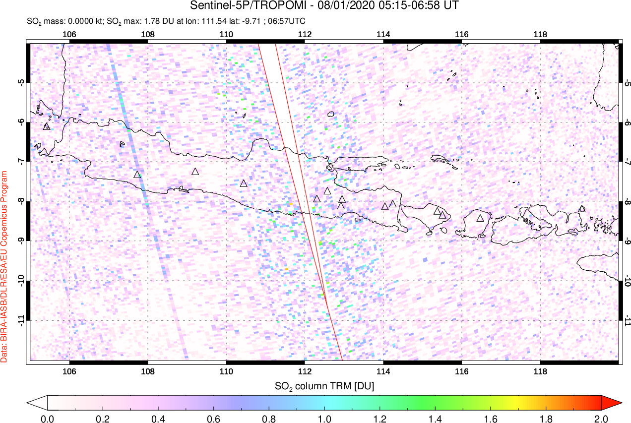 A sulfur dioxide image over Java, Indonesia on Aug 01, 2020.