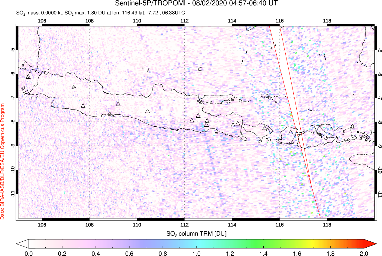 A sulfur dioxide image over Java, Indonesia on Aug 02, 2020.