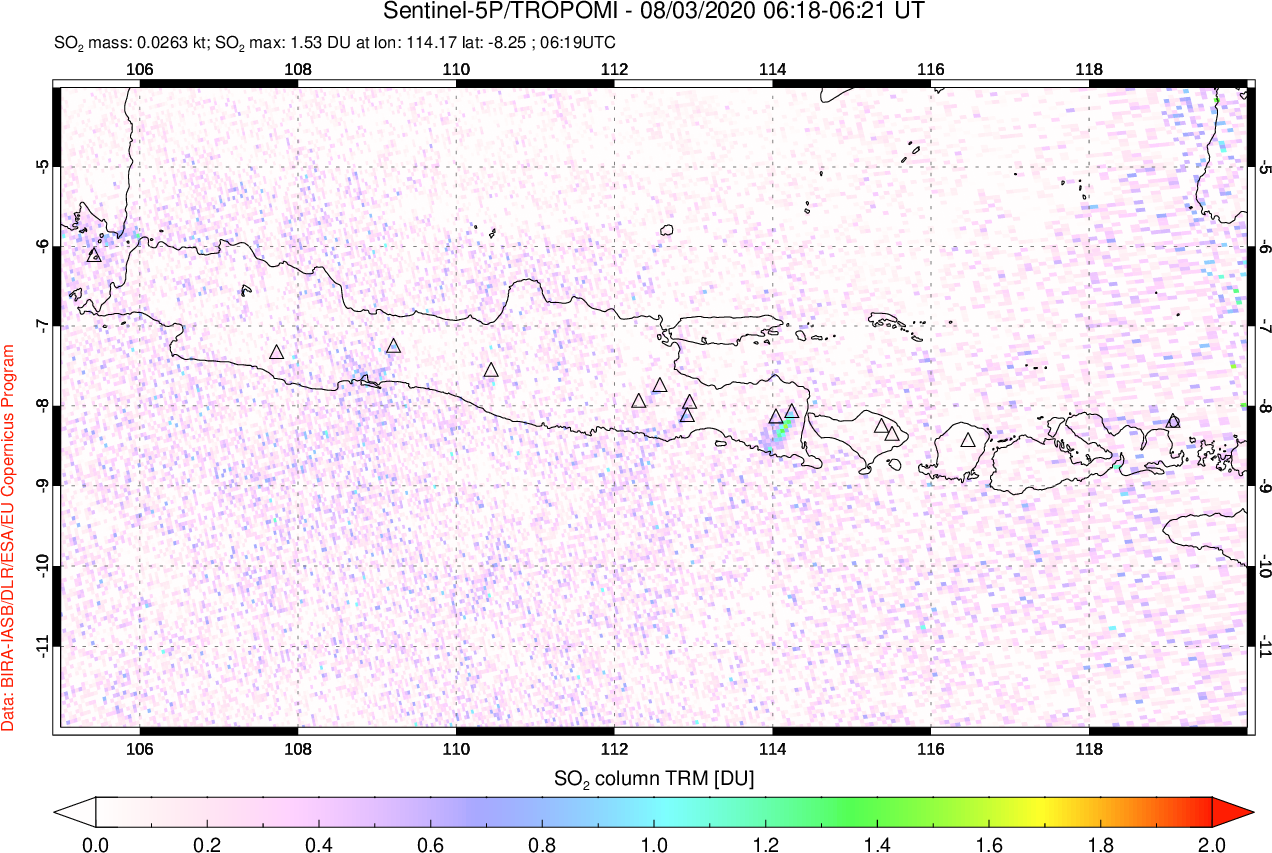 A sulfur dioxide image over Java, Indonesia on Aug 03, 2020.