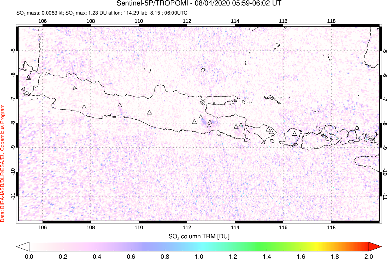 A sulfur dioxide image over Java, Indonesia on Aug 04, 2020.