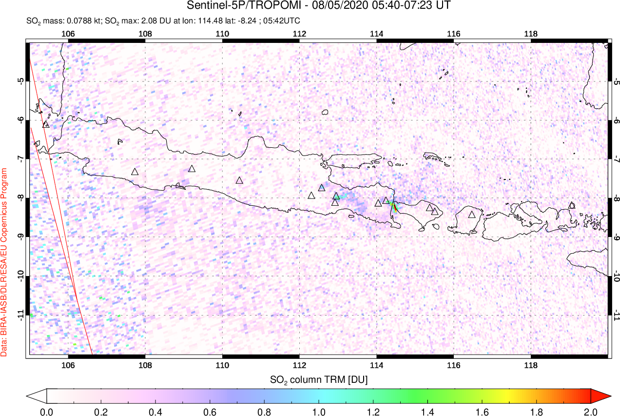 A sulfur dioxide image over Java, Indonesia on Aug 05, 2020.