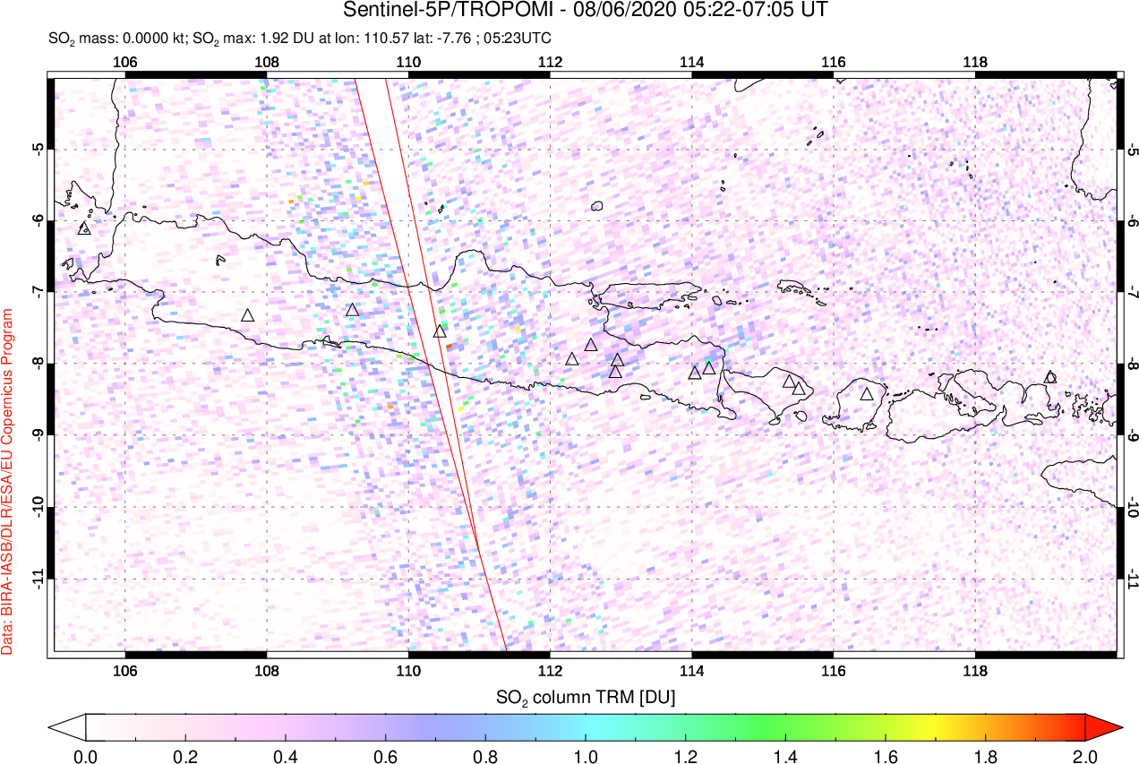 A sulfur dioxide image over Java, Indonesia on Aug 06, 2020.