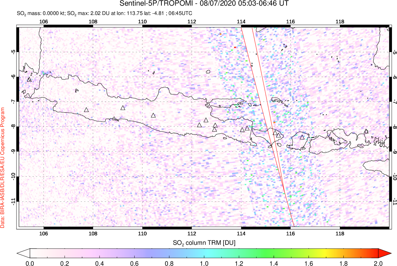 A sulfur dioxide image over Java, Indonesia on Aug 07, 2020.