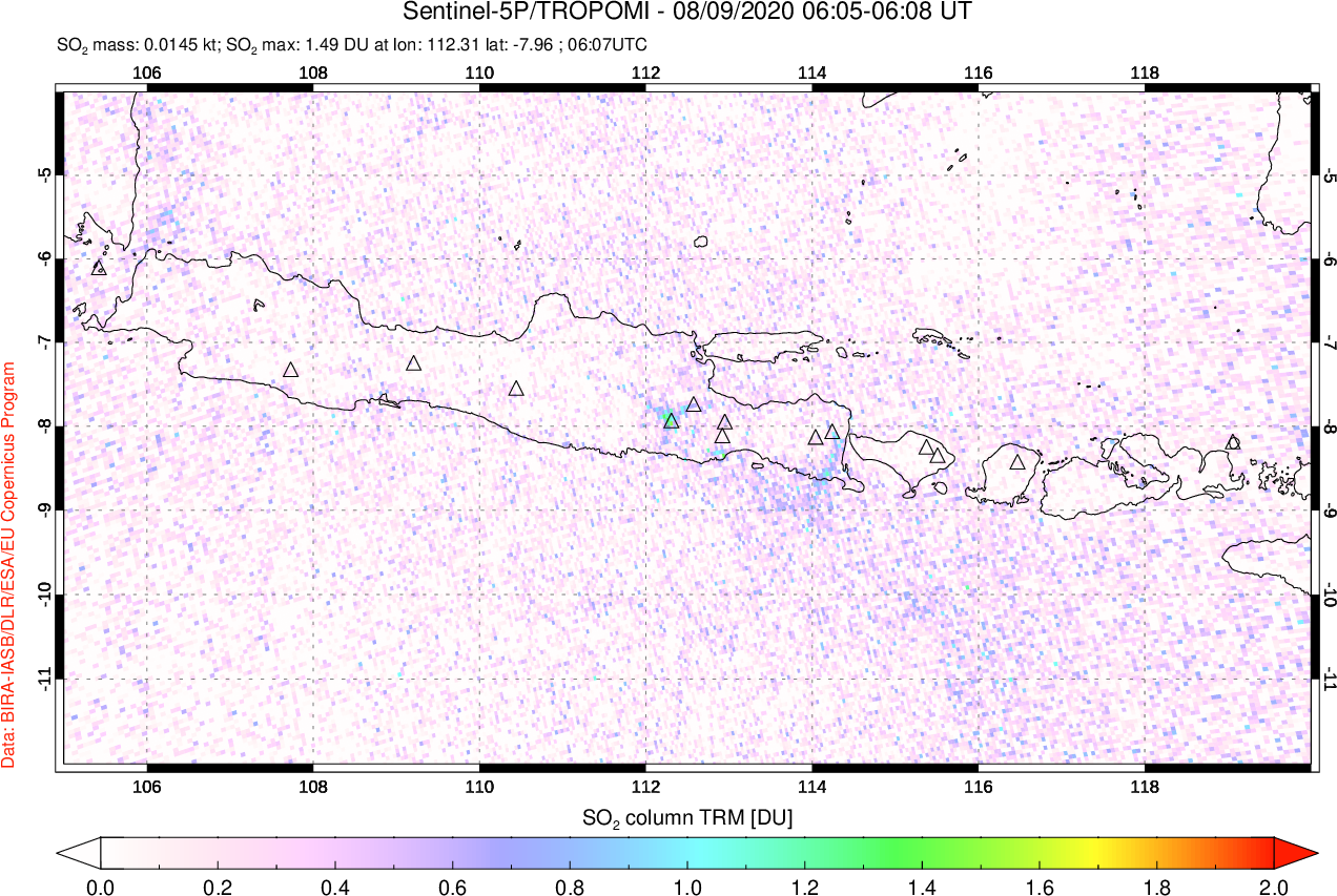 A sulfur dioxide image over Java, Indonesia on Aug 09, 2020.