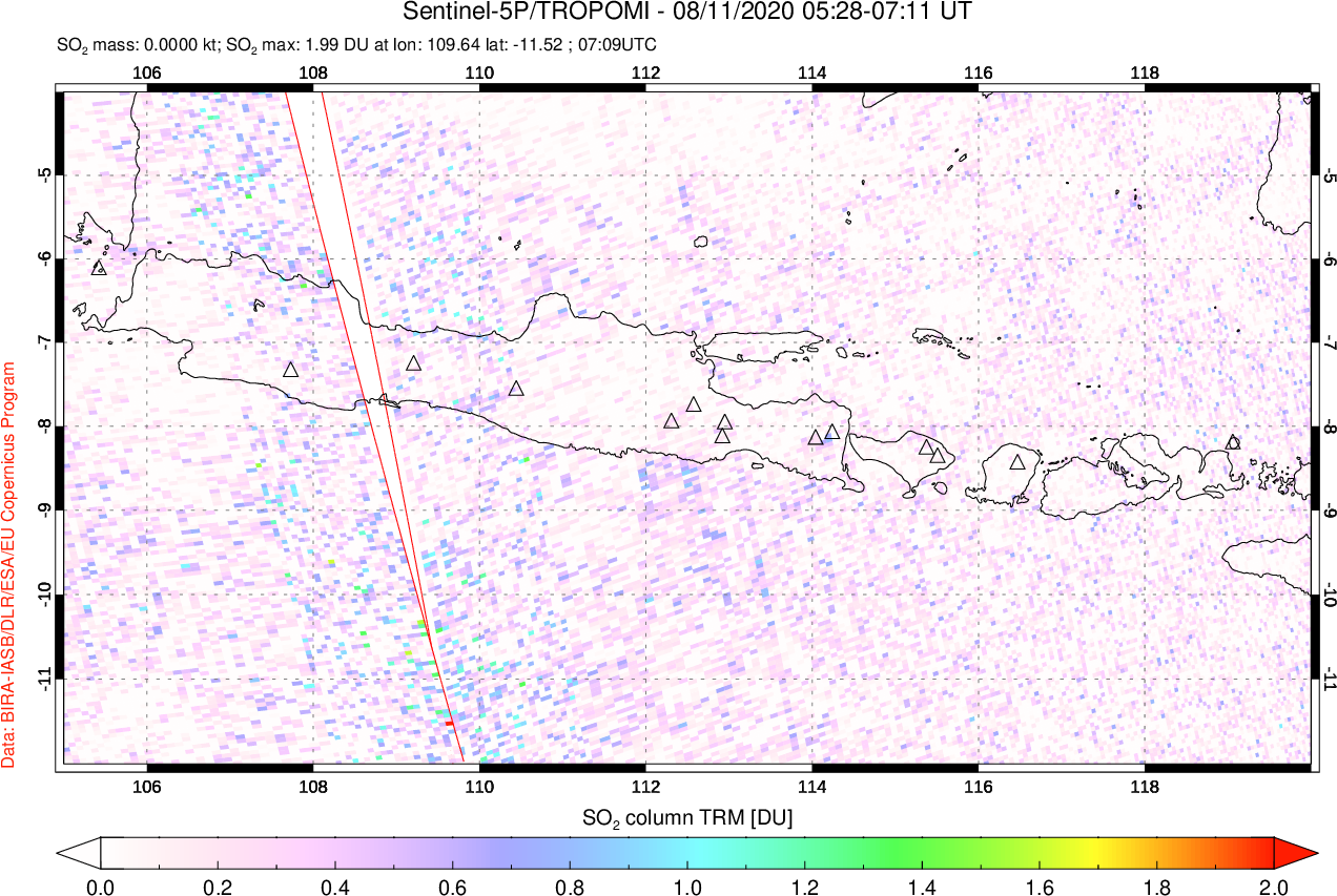 A sulfur dioxide image over Java, Indonesia on Aug 11, 2020.