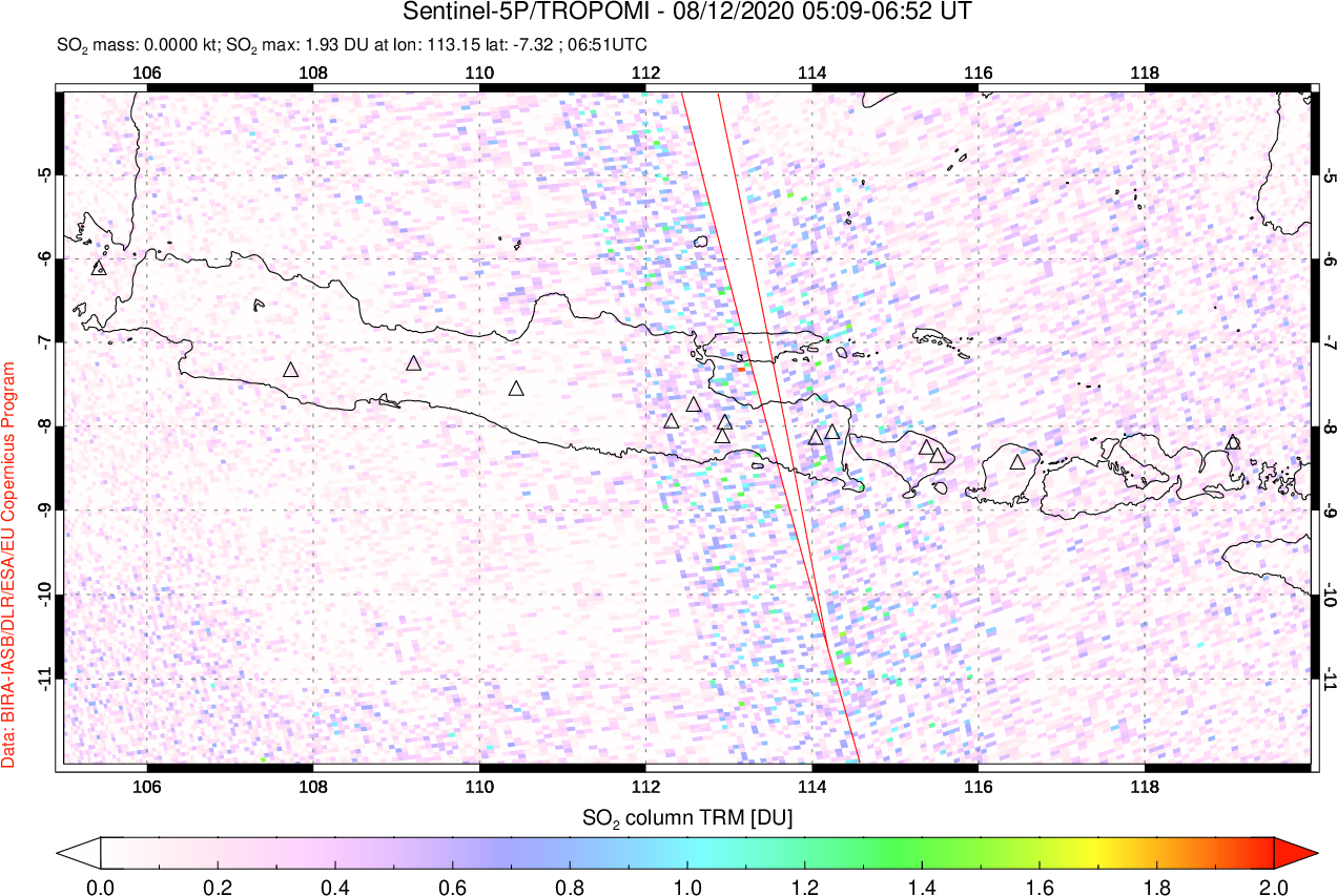 A sulfur dioxide image over Java, Indonesia on Aug 12, 2020.