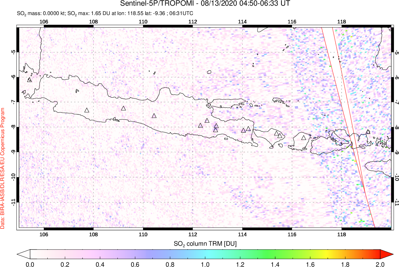 A sulfur dioxide image over Java, Indonesia on Aug 13, 2020.
