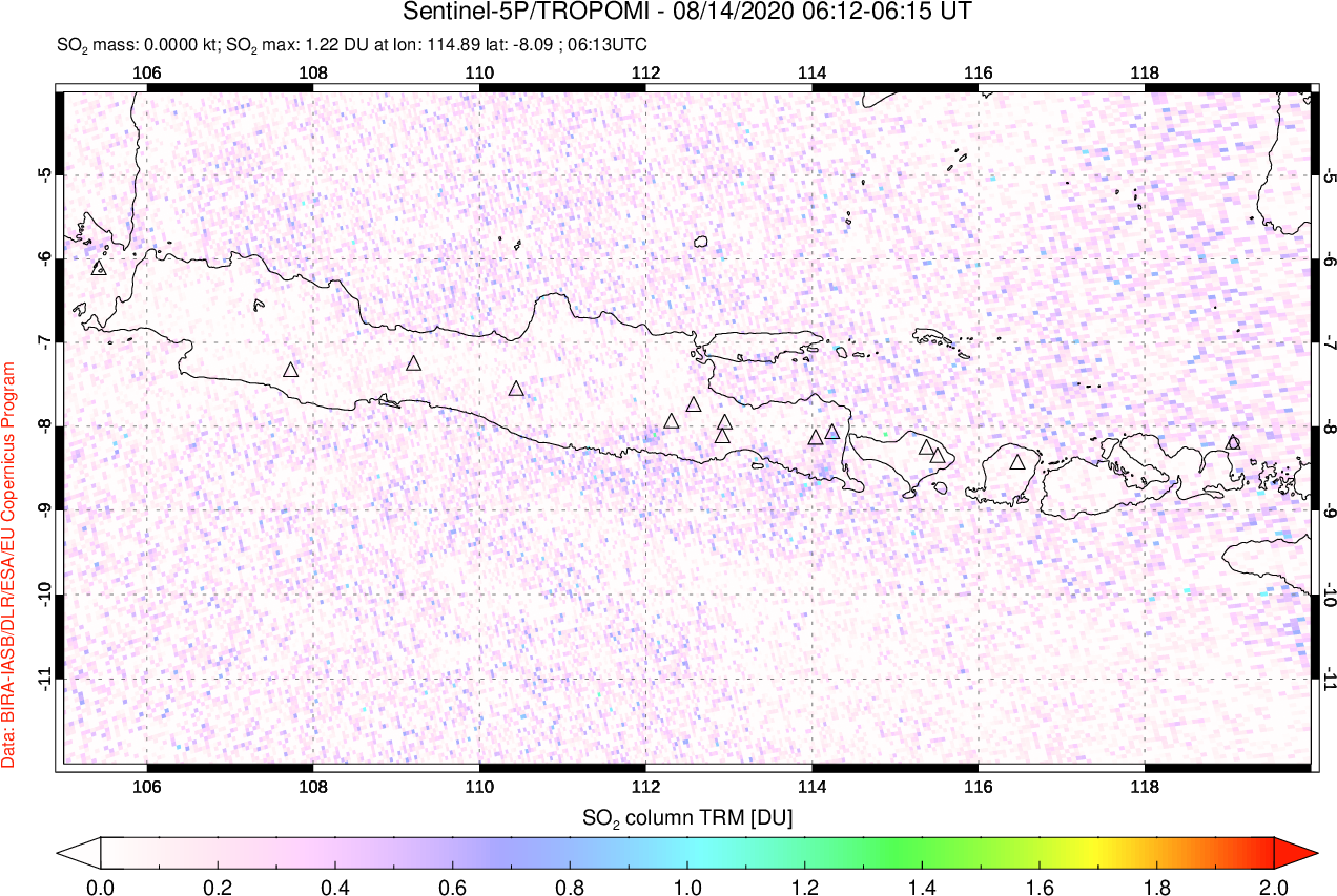 A sulfur dioxide image over Java, Indonesia on Aug 14, 2020.