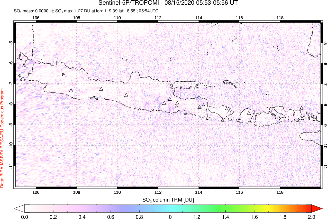 A sulfur dioxide image over Java, Indonesia on Aug 15, 2020.