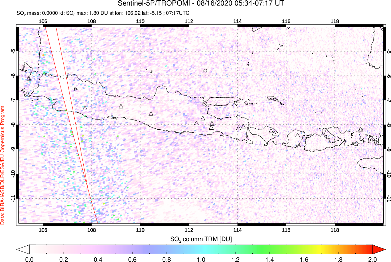 A sulfur dioxide image over Java, Indonesia on Aug 16, 2020.