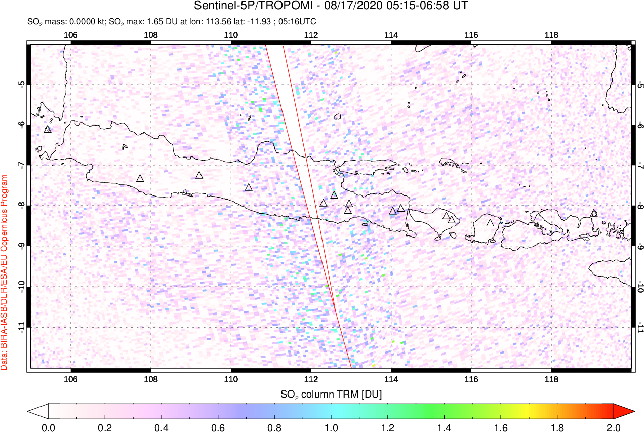 A sulfur dioxide image over Java, Indonesia on Aug 17, 2020.