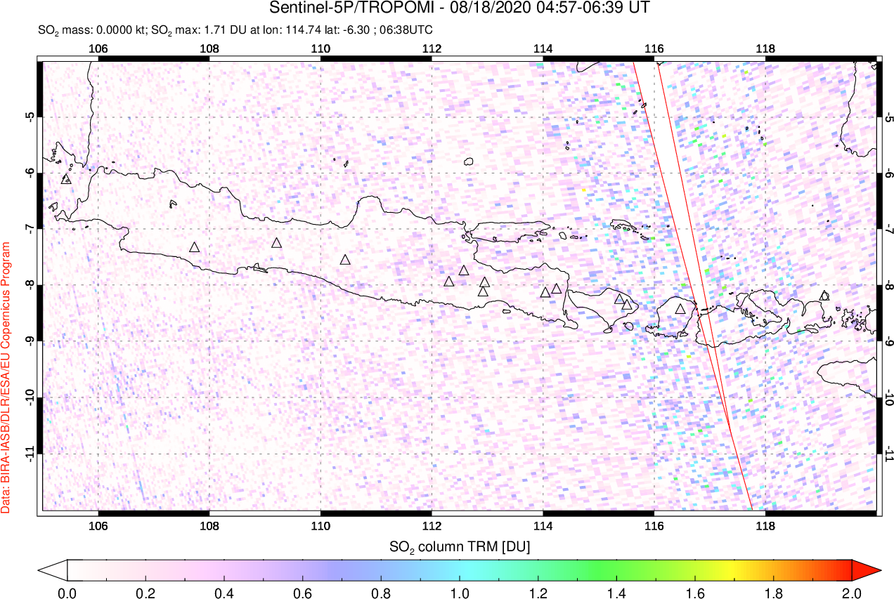 A sulfur dioxide image over Java, Indonesia on Aug 18, 2020.