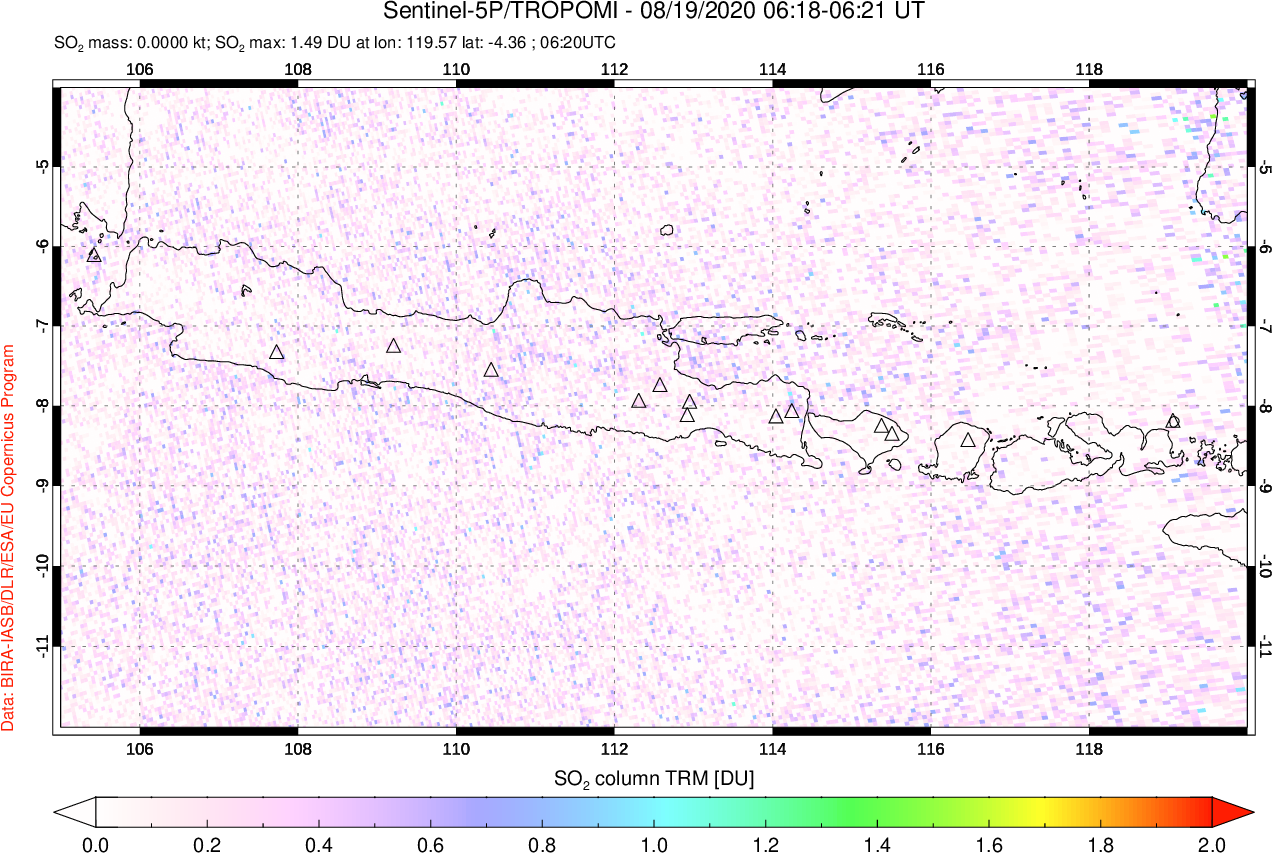 A sulfur dioxide image over Java, Indonesia on Aug 19, 2020.