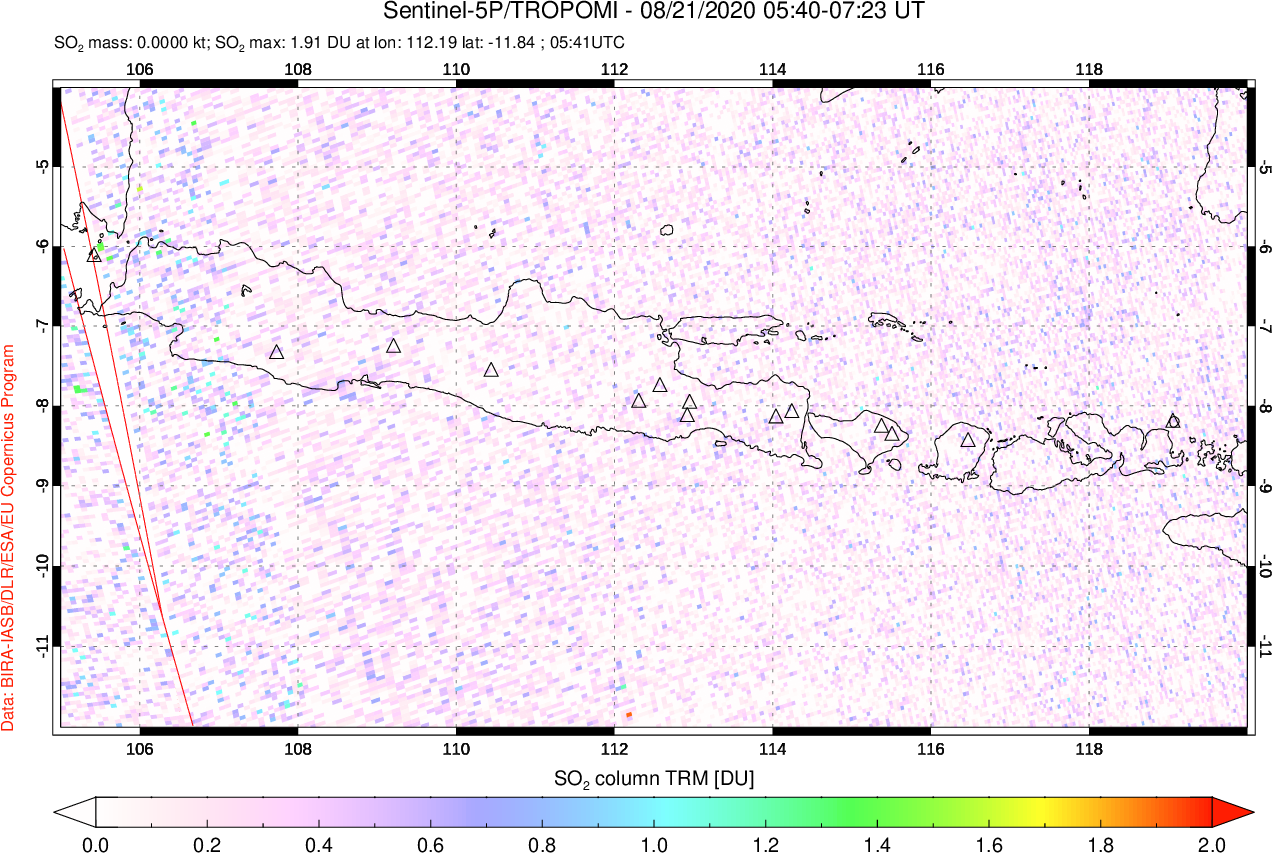A sulfur dioxide image over Java, Indonesia on Aug 21, 2020.