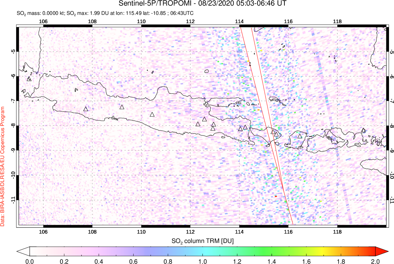 A sulfur dioxide image over Java, Indonesia on Aug 23, 2020.